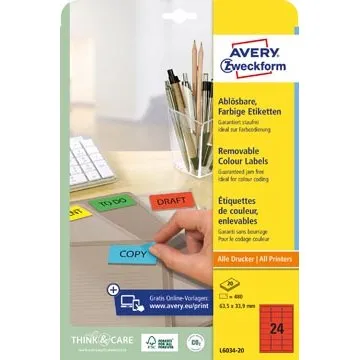 Avery Gekleurde Etiketten Rood 63,5 x 33,9 mm, 480 Stuks