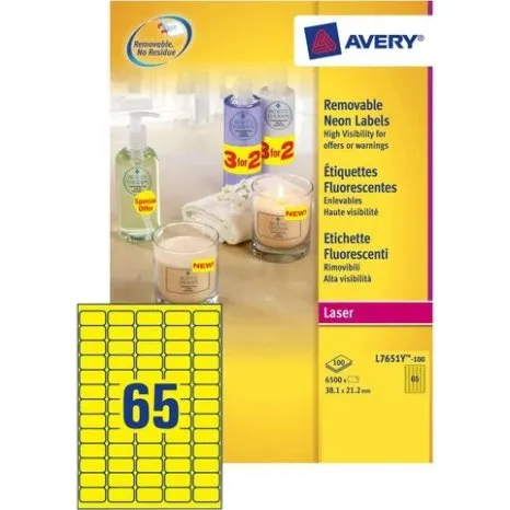 Avery L7651 Neon Geel Etiket 38,1x21,2 mm 6500 Stuks