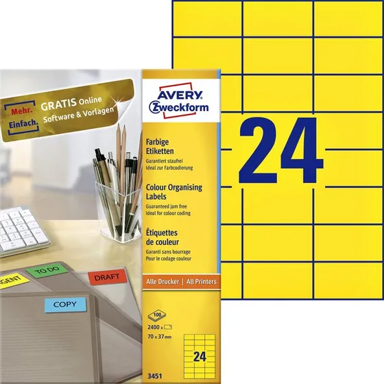 Avery Zweckform 3451 Geel Etiketten 70x37mm 2400 Stuks