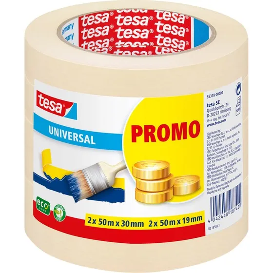tesa Economy Afplaktape 30mm x 50m (2x) & 19mm x 50m (2x) Beige