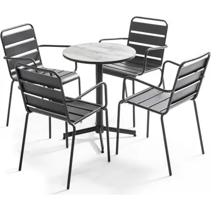 Oviala Tivoli Ronde Tuintafel met 4 Grijze Stalen Fauteuils