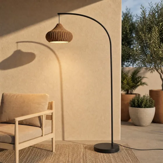Lucande Taniola Buiten Vloerlamp - Beige Rotan - 195 cm