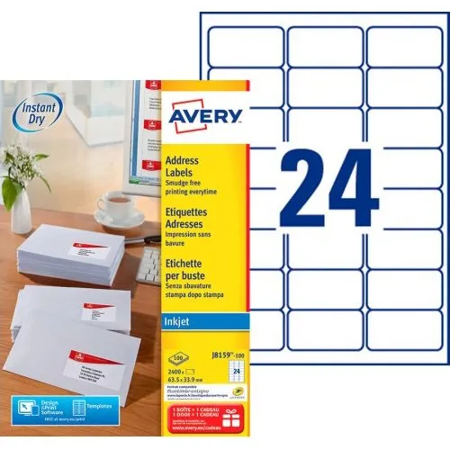 Avery J8159-10 Adresetiket 63,5x33,9 mm Wit 240 Stuks