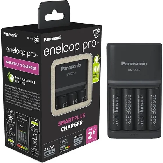 Panasonic Eneloop Pro AA 2500 mAh + BQ-CC55 Snellader (4 stuks)
