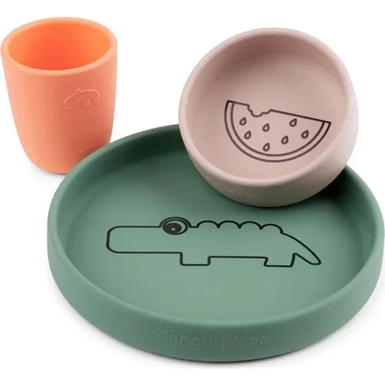 Done by Deer Siliconen Servies Croco groen/roze/koraal (set van 3)