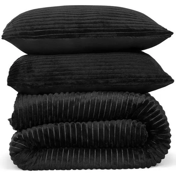 DoubleDry Dekbedovertrek Rib Flanel Zwart Lits Jumeaux 240x220 cm + 2 Kussenslopen