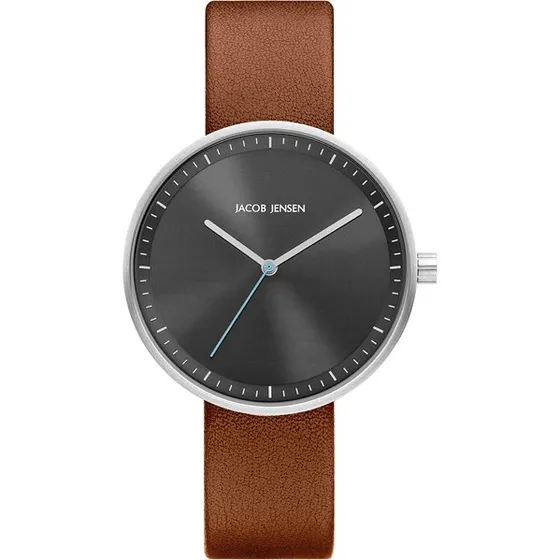 Jacob Jensen Strata JJ285 Dameshorloge, 36 mm, Staalkast, Bruine Leren Band, Zwarte Wijzerplaat