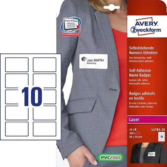 Avery L4785-20 Naambadge-etiketten 80 x 50 mm, 200 stuks
