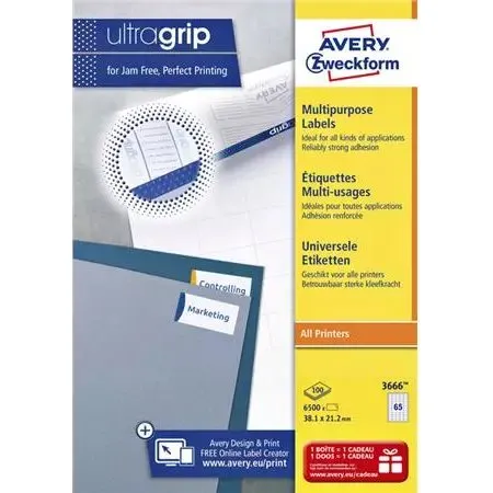 Avery Zweckform 3666 Witte Etiketten 38x21,2 mm, 6500 Stuks