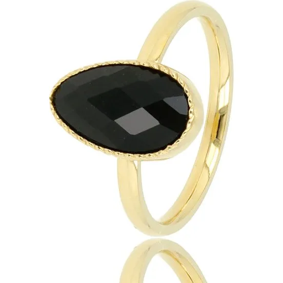 My Bendel Gouden Ring met Getwist Randje en Zwarte Glassteen