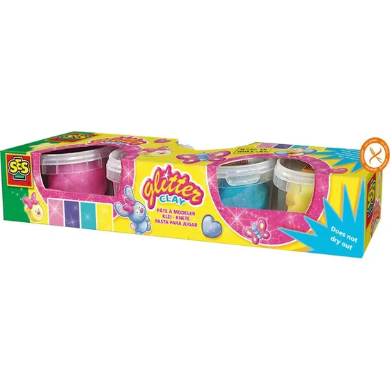 SES Creative Klei Glitter 4x90gr (Blauw, Geel, Roze, Paars)