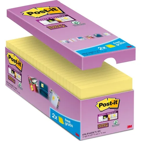 Post-it Super Sticky Memoblok 76x76mm Geel 14+2 Gratis