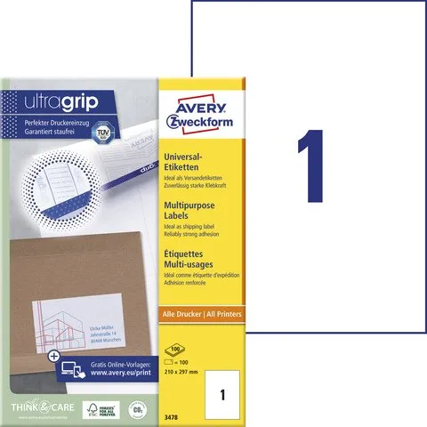 Avery Zweckform Etiket 210x297mm Wit 100 Stuks