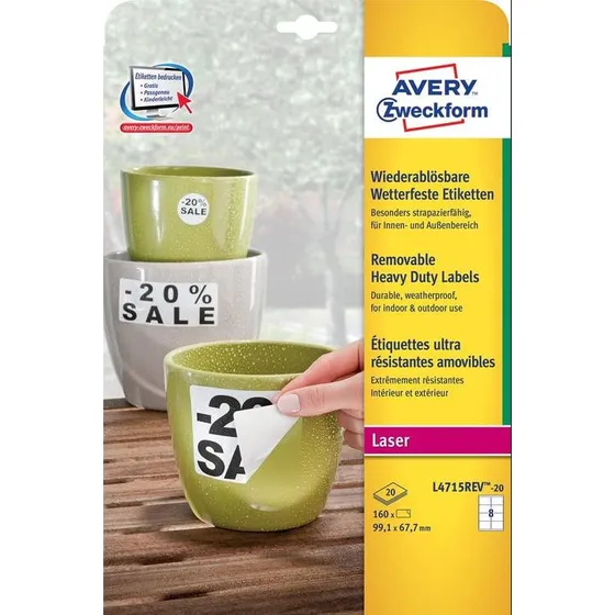 Avery L4715REV-20 Weerbestendige Afneembare Etiketten A4 Wit 160 Stuks