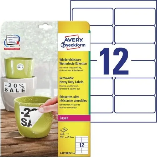 Avery L4776REV-20 Witte Weerbestendige Etiketten 99,1x42,3 mm (240 stuks)