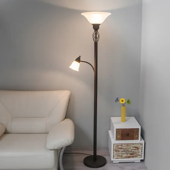 Lucande Vloerlamp Dunja - Wit/Roest - Landelijke Vloerlamp met Leeslamp