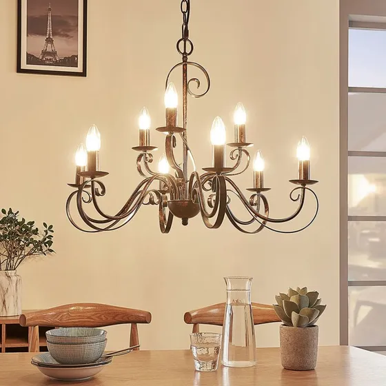 Lindby Kroonluchter Caleb, 9-lamps, Roest, Metaal