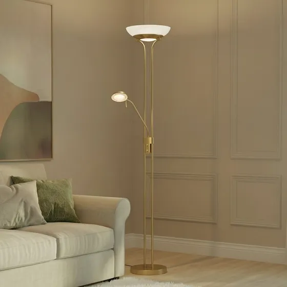 Lindby LED vloerlamp Yveta, messing, 183cm, dimbaar