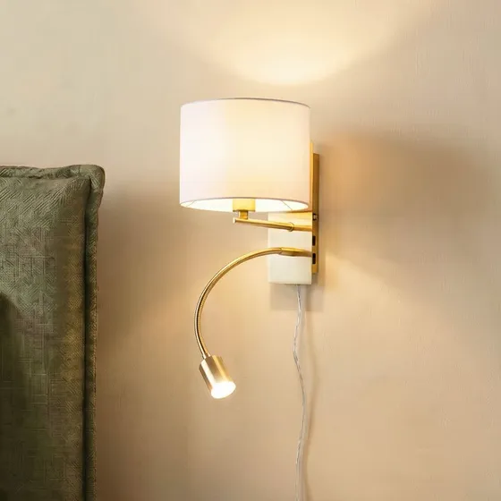 Lindby Wandlamp Florens - Messing & Wit - Met Stoffen Kap & LED Leeslamp