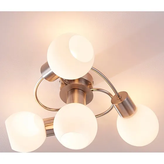 Lindby Ciala 4 Plafondlamp - Nikkel/Opal Glas - 43 cm