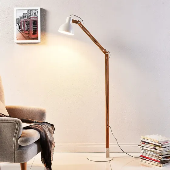 Lindby Shivanja Vloerlamp - Hout & Metaal - 146 cm - Wit/As