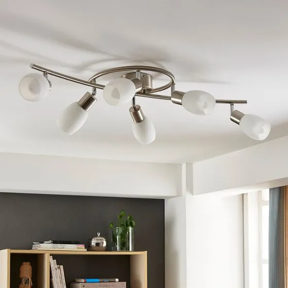 Lindby Arda Plafondlamp - 75 cm - 6-lamps - Nikkel & Glas