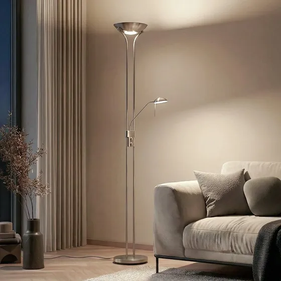 Lindby Josefin LED Vloerlamp - Nikkel - Dimbaar met leeslampje