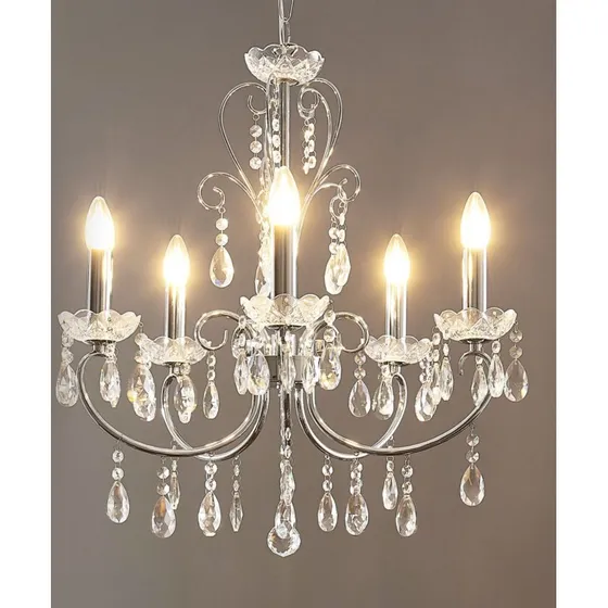 Lucande Kroonluchter Solveig, 60 cm, 5-lampen, Chroom/Kristal