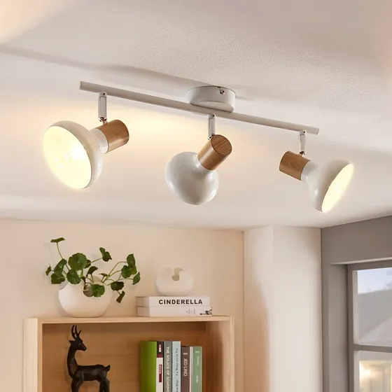 Lindby Fridolin Plafondspot, 50cm, 3-lamps, Wit/Hout, Dimbaar