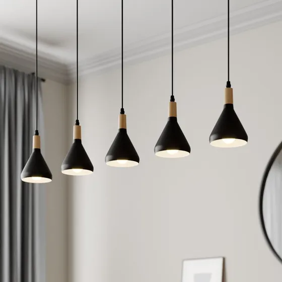 Lindby Arina Hanglamp - Zwart/Hout - 100 cm - 5-lampig