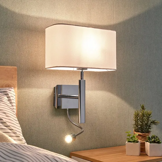 Lucande Jettka Wandlamp - Chroom/Wit - Textiel - 63 cm
