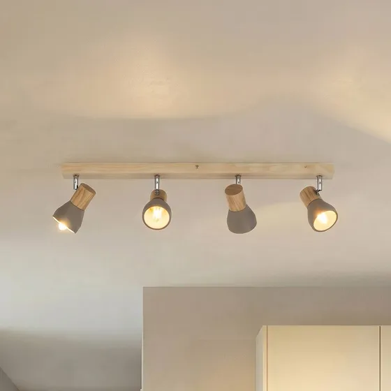 Lindby Filiz Plafondlamp - Beton & Hout - 77 cm - 4-lampen