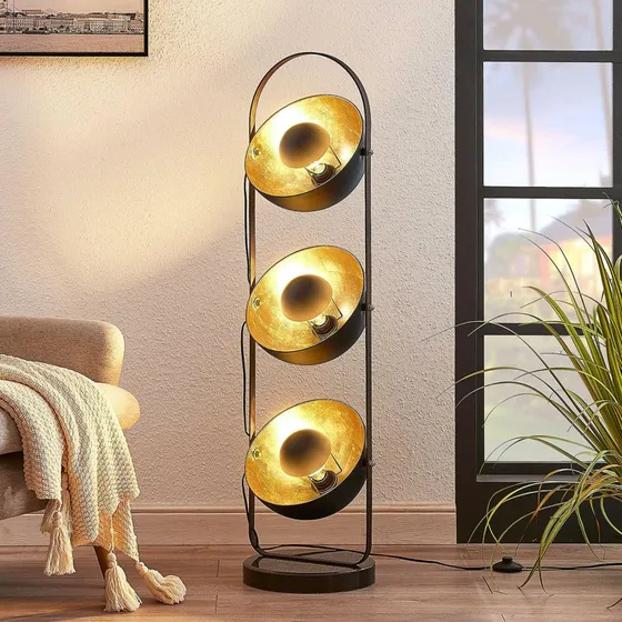 Lindby Vloerlamp Muriel - Zwart/Goud - 3 Koepelvormige Kappen