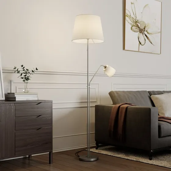 Lindby Nantwin Vloerlamp - Wit/Nikkel - met leeslampje