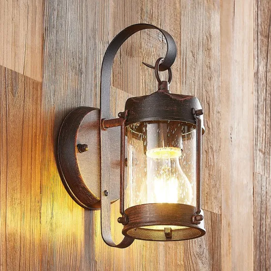 Lindby Farly Buitenwandlamp - Roestbruin Aluminium - Bubbelglas