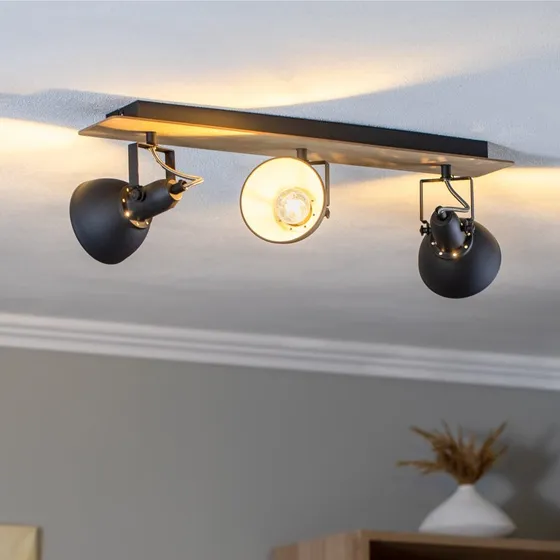 Lindby plafondlamp Aylis, 3-lampig, 60 cm, zwart/hout