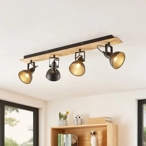 Lindby Aylis Plafondlamp - 4-lampig - 82 cm - Zwart & Hout