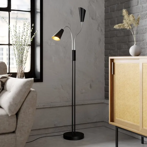 Lucande Vloerlamp Medira - Zwart/Goud - 2 Verstelbare Kappen