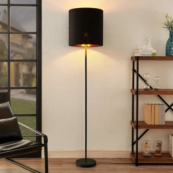Lindby Nymar Vloerlamp - Zwart/Goud - Modern met Stoffen Kap