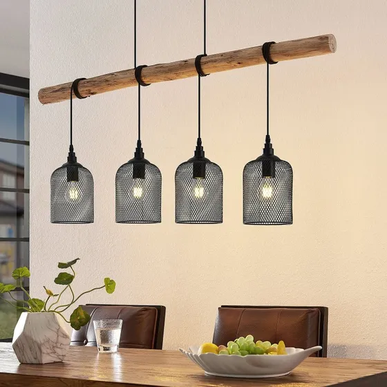 Lindby Hanglamp Elrond, 116 cm, Zwart/Hout, 4-lamps