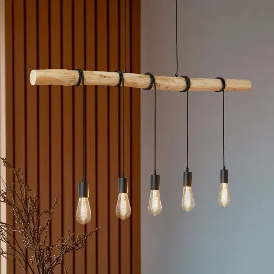Lindby Rom Hanglamp - Hout & Zwart - 116 cm - 5 Lampen