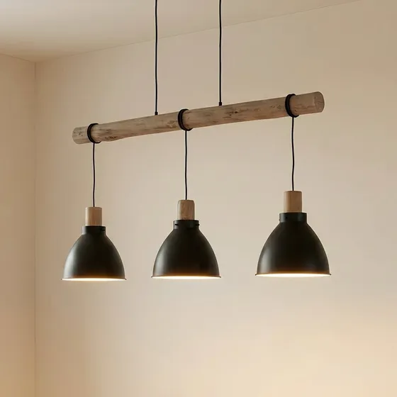 Lindby Trebale Hanglamp - Zwart/Hout - 3-lamps - Ø 28 cm