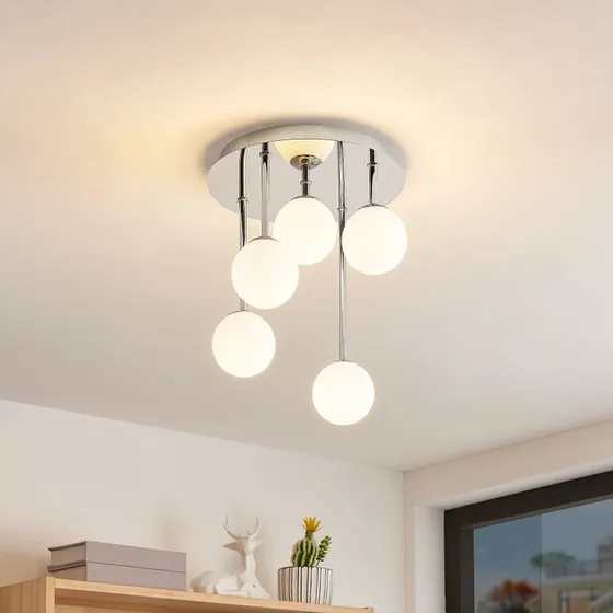 Lindby Plafondlamp Chrissy - Chroom/Opaal - 5-lampig - Ø27 cm