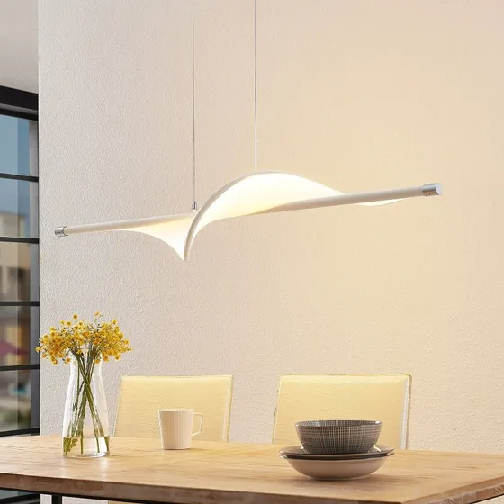 Lucande Edano Hanglamp - Wit/Chroom - 122 cm - Textiel - Dimbaar
