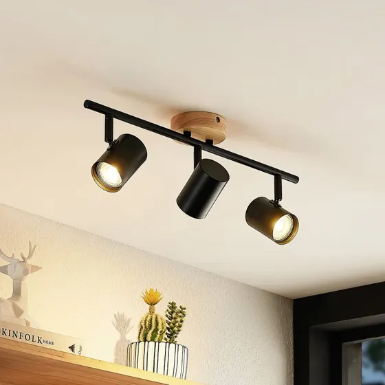 Lindby Xiomara Plafondlamp - 3-lamps - Zwart/Licht Hout - 68 cm