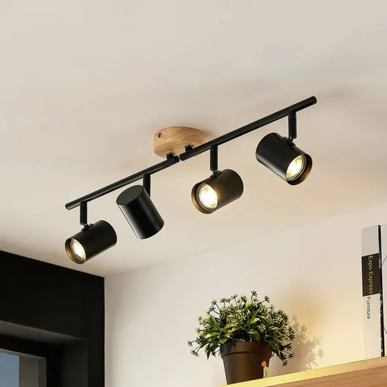 Lindby Xiomara Plafondlamp - 4-lamps - Zwart & Licht Hout - 68 cm