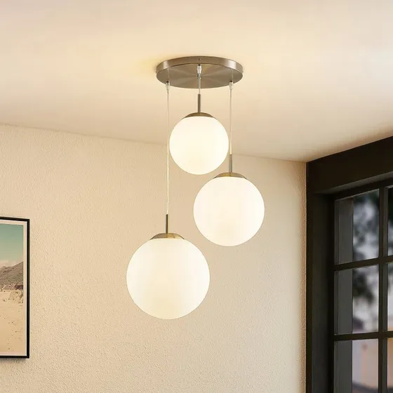 Lindby Heleska Hanglamp - 3 Opaalglazen Bollen - Nikkel/Wit