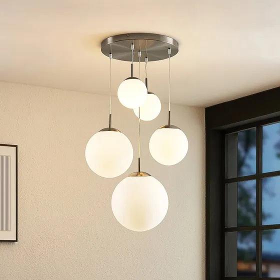 Lindby Heleska Hanglamp - 5x Opaalglas - Nikkel/Zink - Ø 50 cm