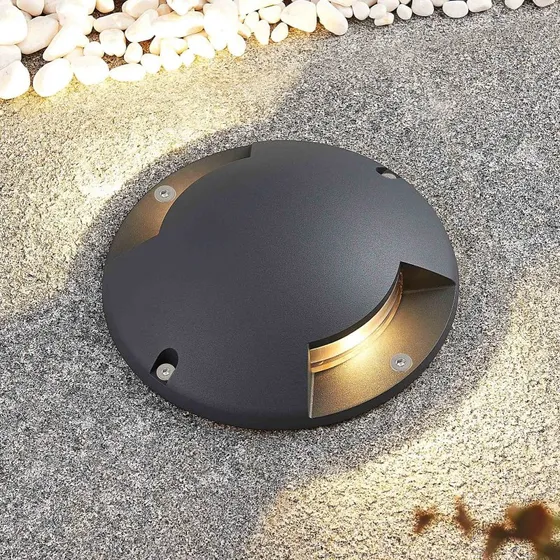 Lindby LED vloerspot Cormac, 2-lamps, Ø 21 cm, IP67, Donkergrijs