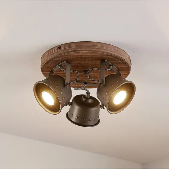 Lindby Rubinjo Plafondspot, 3-lamps, Hout/Zwart, Ø 31 cm